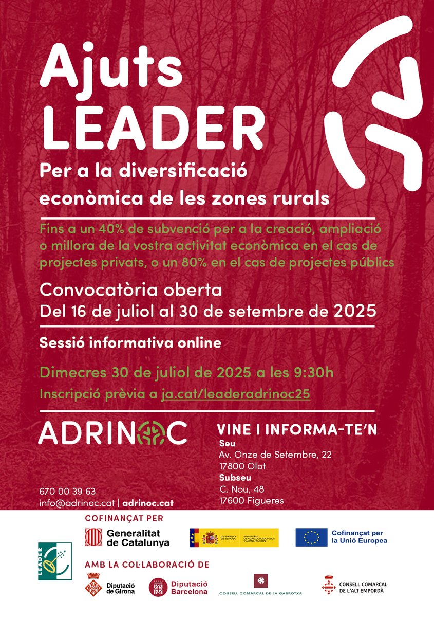 📢Sessió informativa online ajuts LEADER 2025 a @somadrinoc !

📅 30 de juliol
 ⏰9:30h 

 ✍️Inscripcions a:  ja.cat/leaderadrinoc25