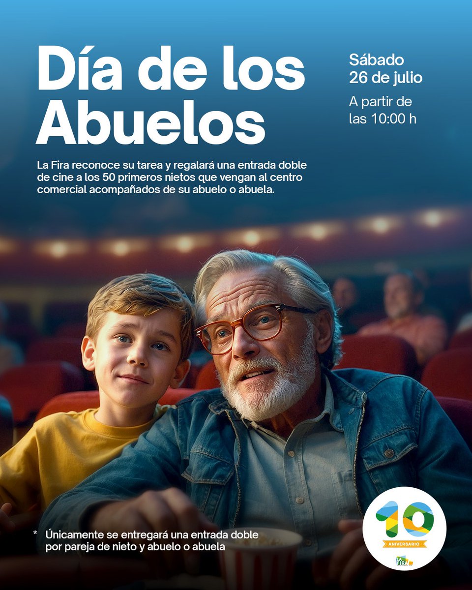 👵👴 ¡El 26 de julio celebramos el Día de los Abuelos en La Fira!

Regalaremos una entrada doble de cine a los 50 primeros nietos que vengan al centro acompañados de su abuelo/a.

🕙 A partir de las 10:00 h

⚠️ *Solo se entregará una entrada doble por pareja de nieto y abuelo/a