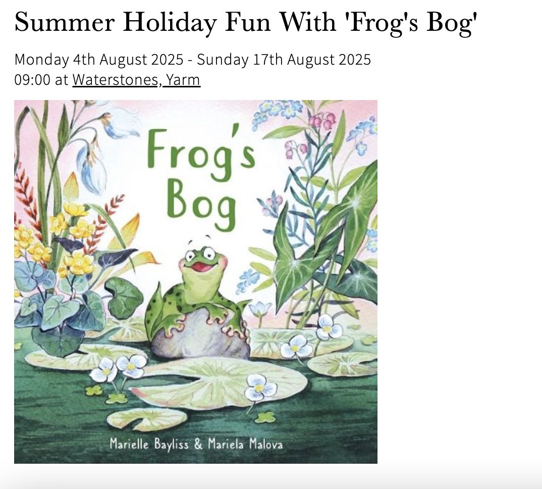 Hop down to <a href="/WaterstonesYarm/">Waterstones Yarm</a>
"Join us for a fortnight of summer holiday fun with #frogsbog There'll be frog activity sheets available throughout the two weeks. Plus, on 16th at 11am, Marielle Bayliss herself will be here to #signcopies of her wonderful #books and read to us."