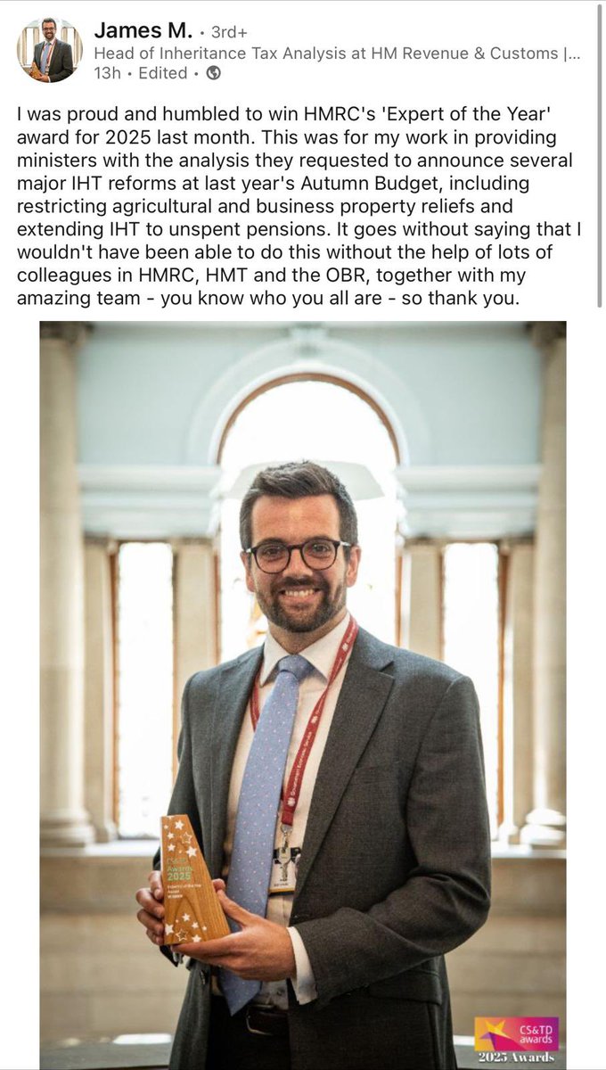 Is this a joke?

HMRC have just awarded “Expert of the Year” to the civil servant who provided the analysis to the Government for the Family Farm Tax.

From day one it was clear the failure to include pure BPR claims in Treasury projections was a huge oversight. Not only for the