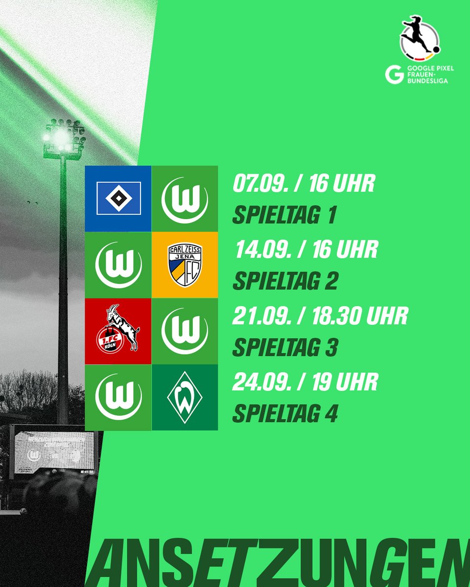 VfL_Frauen's tweet image. 📅 Die genauen Terminierungen der ersten vier Spieltage in der Google Pixel Frauen-Bundesliga stehen fest!
Jetzt könnt ihr eure Kalender zücken und euch auf packende Duelle freuen – alle Anstoßzeiten im Überblick. ⚽🔥
#VfLWolfsburg #VfLWolfsburgFrauen #Wölfinnen