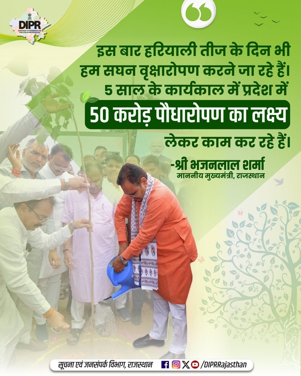 सूचना एवं जनसम्पर्क विभाग, राजस्थान सरकार (@diprrajasthan) on Twitter photo प्रदेश में 5 साल के कार्यकाल में 50 करोड़ पौधारोपण का लक्ष्य
<a href="/BhajanlalBjp/">Bhajanlal Sharma</a> <a href="/KumariDiya/">Diya Kumari</a> <a href="/DrPremBairwa/">Dr Prem Chand Bairwa</a>
<a href="/RajCMO/">CMO Rajasthan</a> <a href="/RajGovOfficial/">Government of Rajasthan</a>
#DIPRRajasthan #Rajasthan #rajasthannews
#आपणो_अग्रणी_राजस्थान #हरियालो_राजस्थान #GreenRajasthan #HariyaloRajasthan #एक_पेड़_मां_के_नाम प्रदेश में 5 साल के कार्यकाल में 50 करोड़ पौधारोपण का लक्ष्य
<a href="/BhajanlalBjp/">Bhajanlal Sharma</a> <a href="/KumariDiya/">Diya Kumari</a> <a href="/DrPremBairwa/">Dr Prem Chand Bairwa</a>
<a href="/RajCMO/">CMO Rajasthan</a> <a href="/RajGovOfficial/">Government of Rajasthan</a>
#DIPRRajasthan #Rajasthan #rajasthannews
#आपणो_अग्रणी_राजस्थान #हरियालो_राजस्थान #GreenRajasthan #HariyaloRajasthan #एक_पेड़_मां_के_नाम