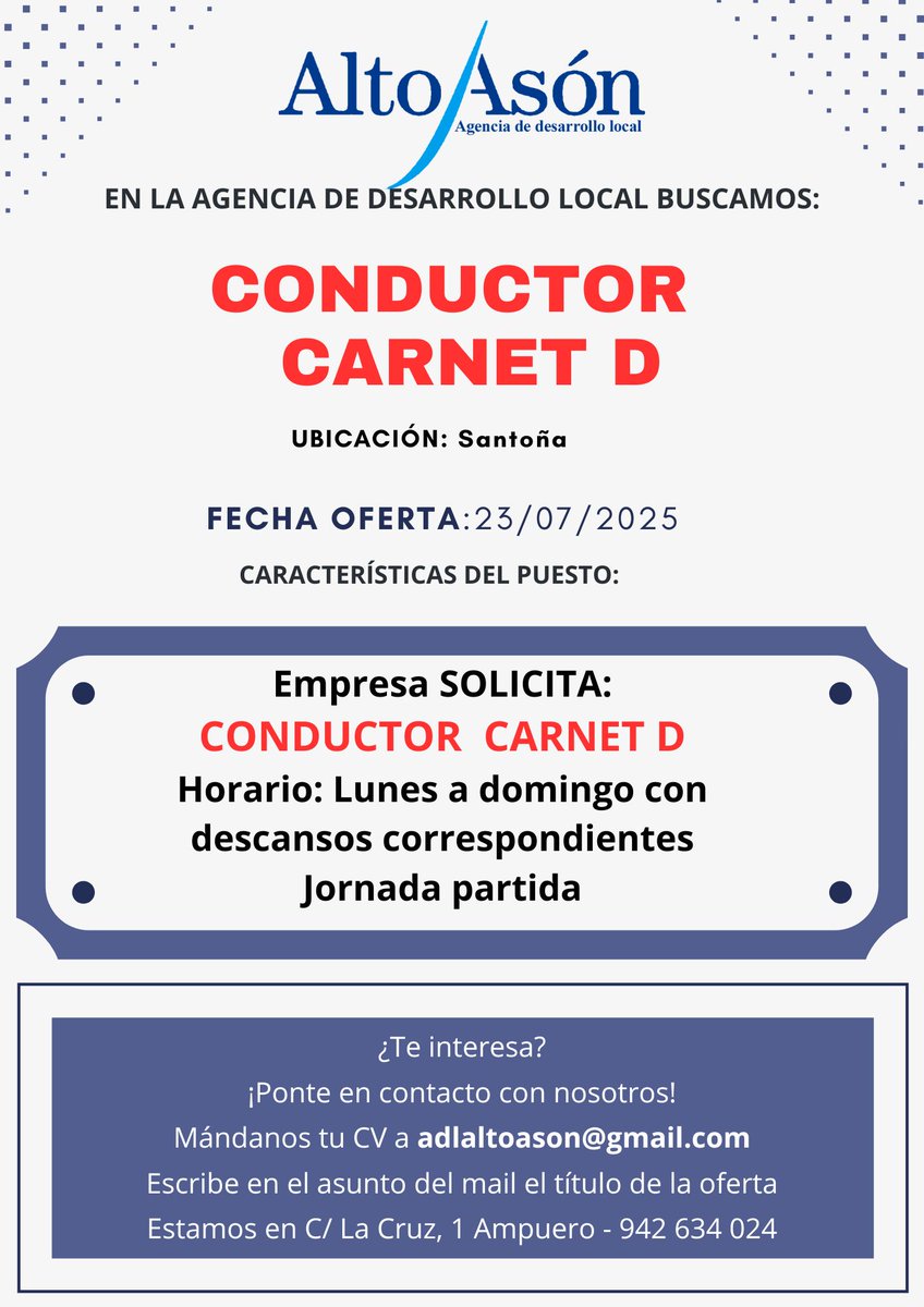 🧾 Ofertas de Empleo de la Agencia de Desarrollo Local Alto Asón.
#OfertaDeTrabajo #OfertaEmpleo #ADL

+Info 👉  bit.ly/1UvIkWe
ADL Alto Asón