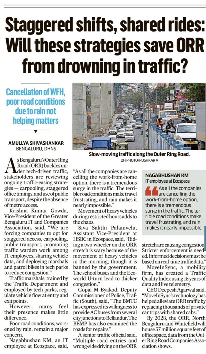 Amullya_23's tweet image. As Bengaluru’s Outer Ring Road (ORR) buckles under tech-driven traffic, stakeholders are reviewing carpooling, staggered office timings and use of public transport despite absence of metro.
My report for Deccan Herald.