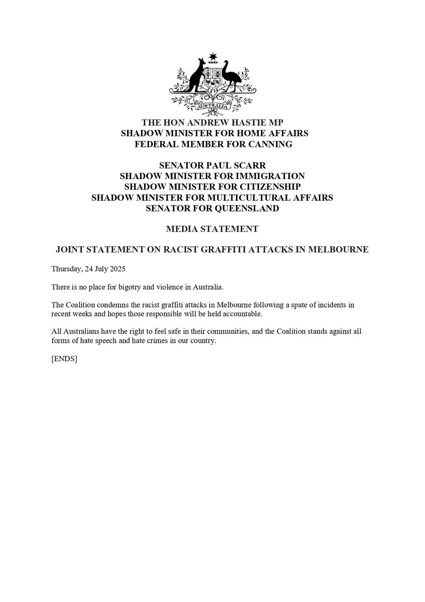 A Hindu Temple has been defaced with racist graffiti in Melbourne.

All Australians have the right to feel safe in their communities, and the Coalition stands against all forms of hate speech and hate crimes in our country.

You'll see my Joint Statement alongside Andrew Hastie