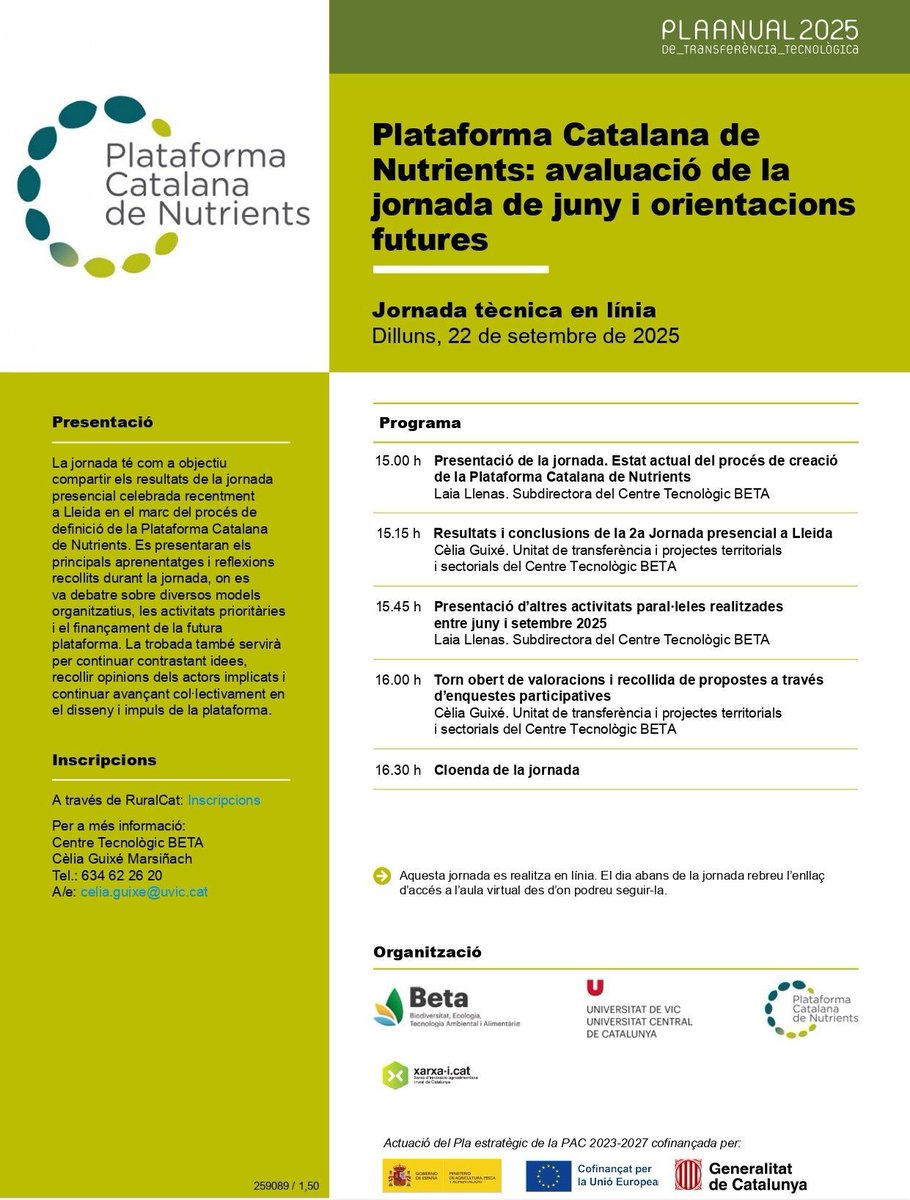 🌱 El 22 de setembre (de 15:00 a 16:30 h) farem una nova jornada en línia per seguir construint la Plataforma Catalana de Nutrients!

Compartirem conclusions i obrirem el debat amb el sector.
🤝 Uneix-t’hi!
👉 bit.ly/3UrnrUs