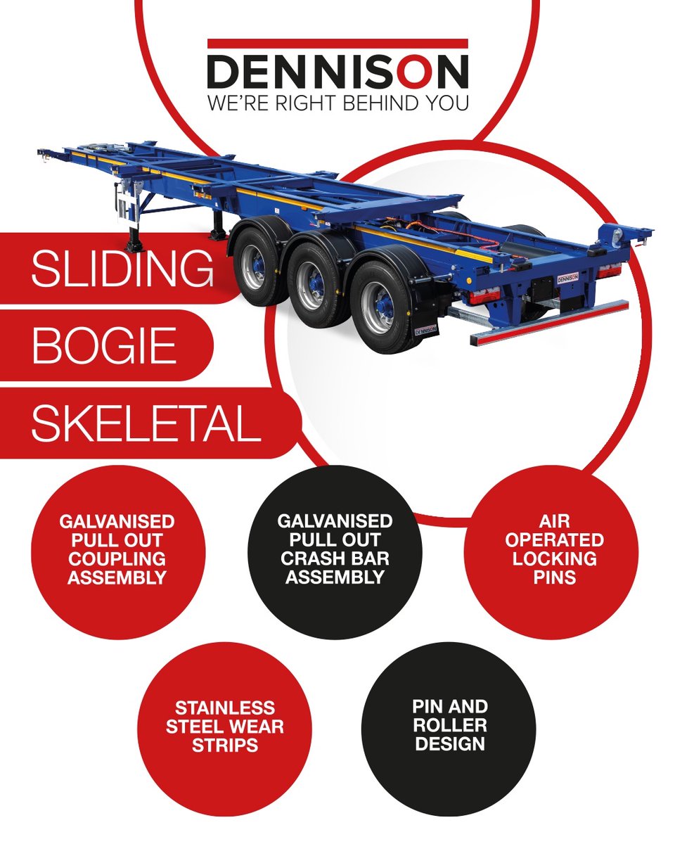 💥 Meet the market leader.

The Dennison Sliding Bogie Skeletal 14-Lock trailer combines unbeatable durability with lightweight design—under 4,780kg in all-steel, with alloy options to save even more.

Ready to haul. Built to last.

#DennisonTrailers