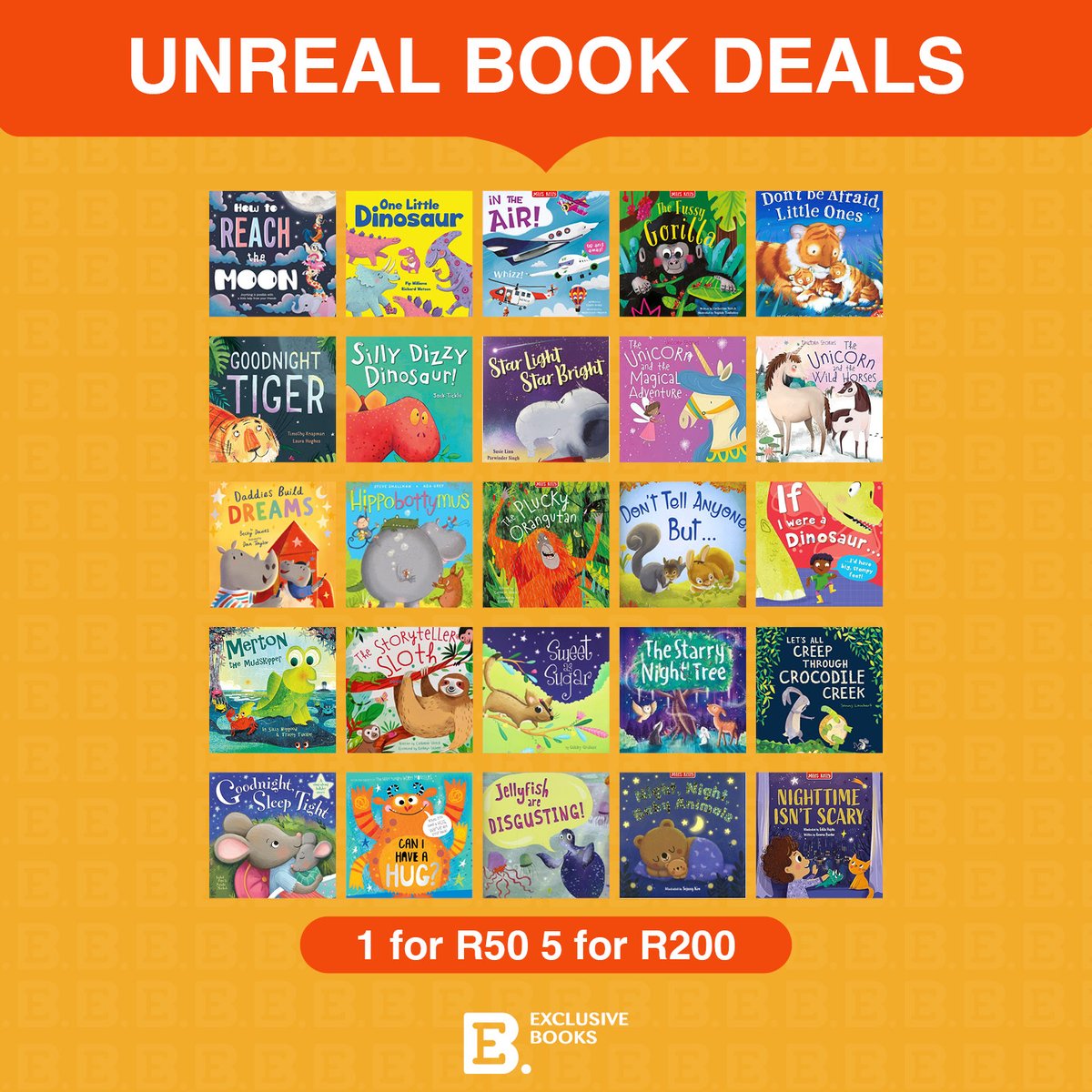 ExclusiveBooks's tweet image. Make story time unforgettable with sweet animal tales and magical adventures!
Buy 1 for R50 or 5 for R200!
Offer valid 1 - 31 July.
While stocks last.
Multibuy deal is available in-store only.
🦥 exclusivebooks.co.za/collections/ju…