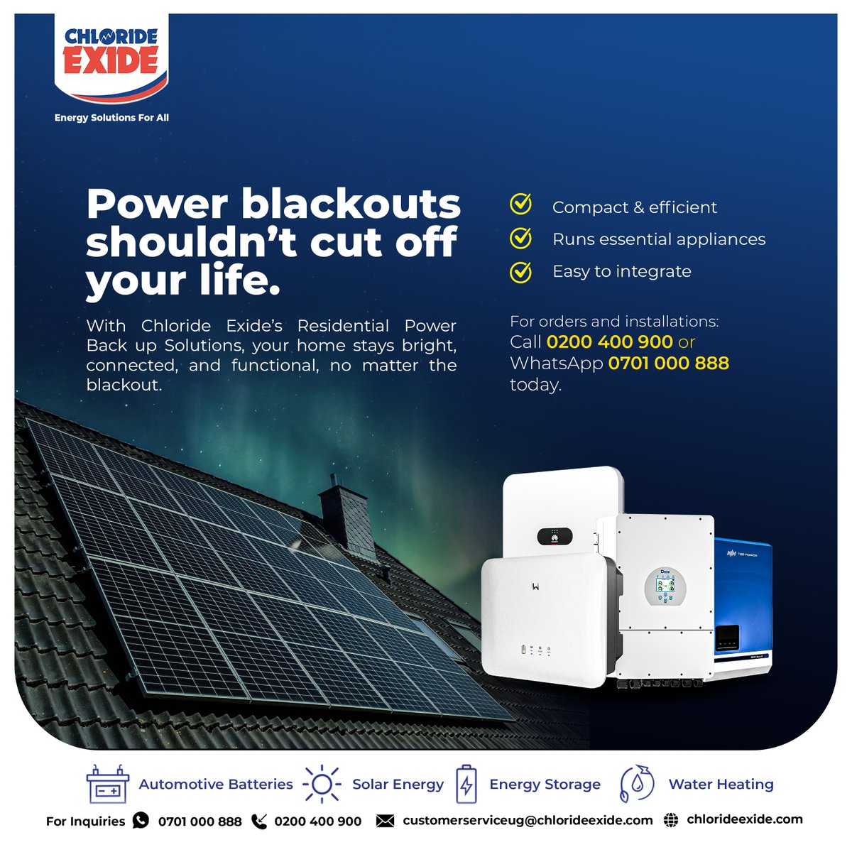 chlorideexideug's tweet image. Keep your lights, fridge, and Wi-Fi running during power blackouts with our smart, reliable residential power backup systems.
Take back control of your home’s power.
📲 Call 0200400900 or WhatsApp 0701000888 for installations and expert advice.
#HomePowerSolutions…