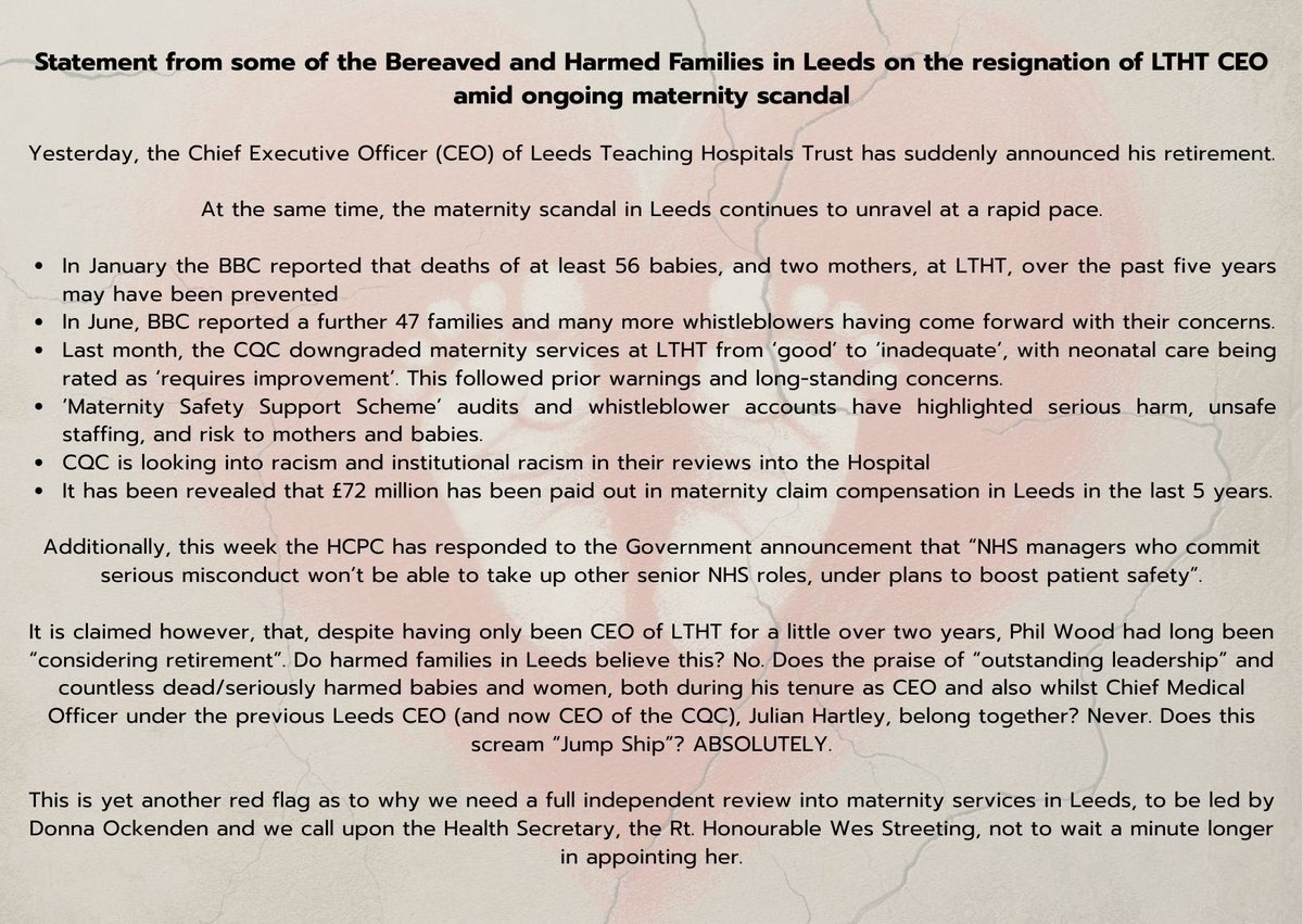 FionaWinserRamm's tweet image. Statement from some of the Bereaved and Harmed Families in Leeds on the resignation of LTHT CEO.
Chair of LTHT board has praised the CEO for his “outstanding leadership”; This is an insult to every wrongly bereaved/harmed family during his tenure as CMO and CEO. @wesstreeting