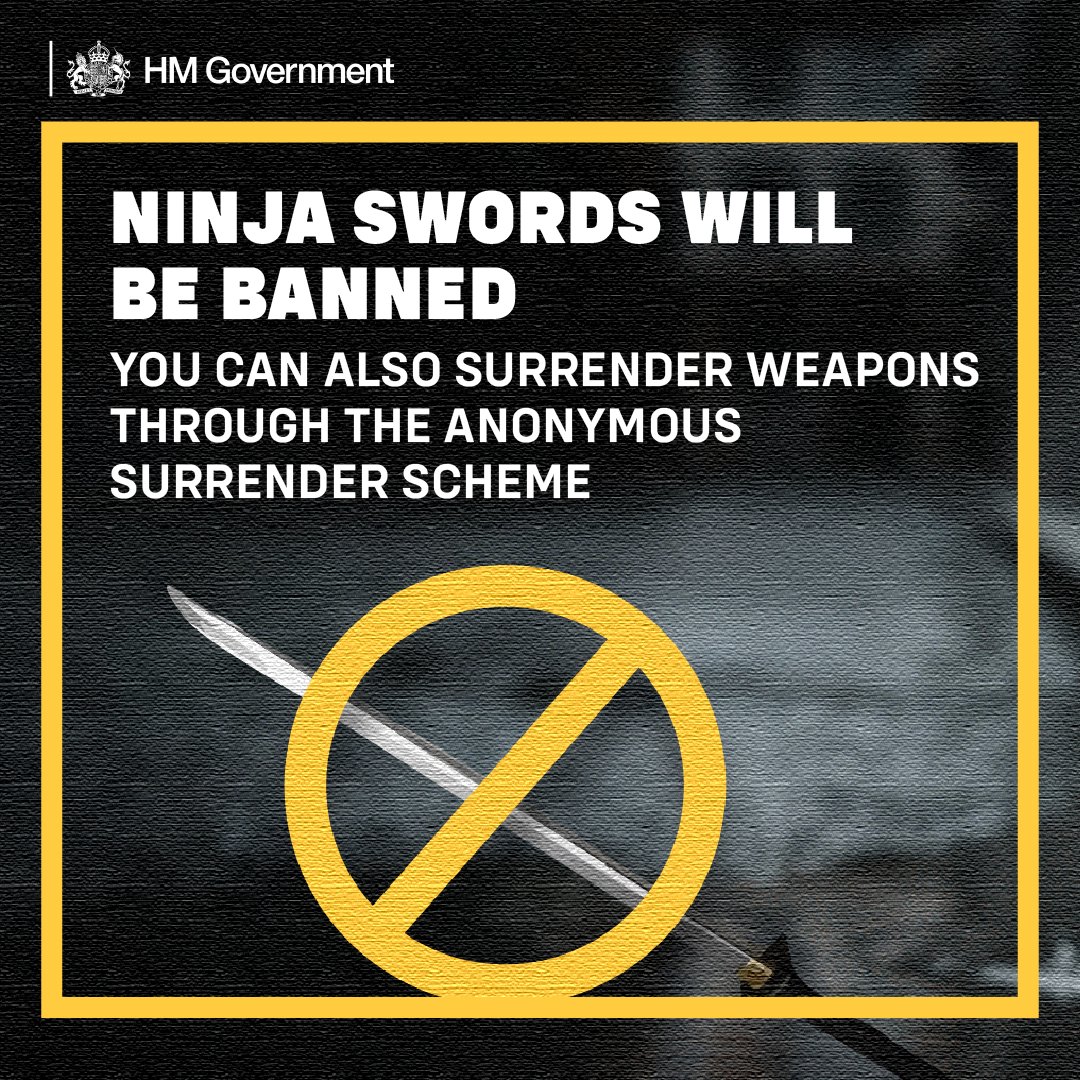 NorthantsPolice's tweet image. A ninja sword surrender is taking place throughout July before the weapons become illegal next month.
You can find out more about the surrender and compensation scheme here ➡️ orlo.uk/eOocD