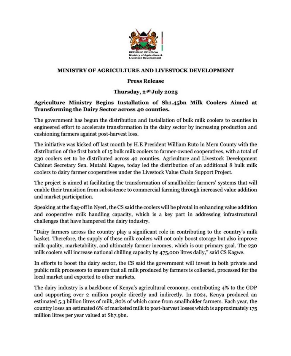 MuthumaGabriel's tweet image. Government begins installation of Sh1.45bn bulk milk coolers across 40 counties to increase production, cushion famers against post-harvest loss.
@MutahiKagwe
@kenya_afa
@hon_wamuchomba you have a missed call.
#deliveringtheplan
#KenyaInabadilika