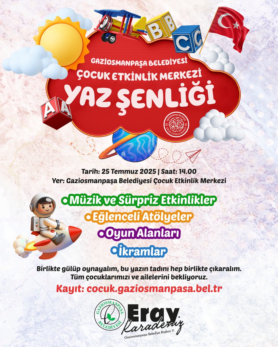 Gaziosmanpaşa Belediyesi Çocuk Etkinlik Merkezi Yaz Şenliği ile miniklerimizi müzik, oyun ve eğlence dolu bir etkinliğe davet ediyoruz. 🥳🎈

🎶 Müzik ve sürpriz etkinlikler
🎨 Eğlenceli atölyeler
🏃‍♀️ Oyun alanları
🍭 İkramlar ve daha fazlası sizleri bekliyor.

🗓 25 Temmuz Cuma