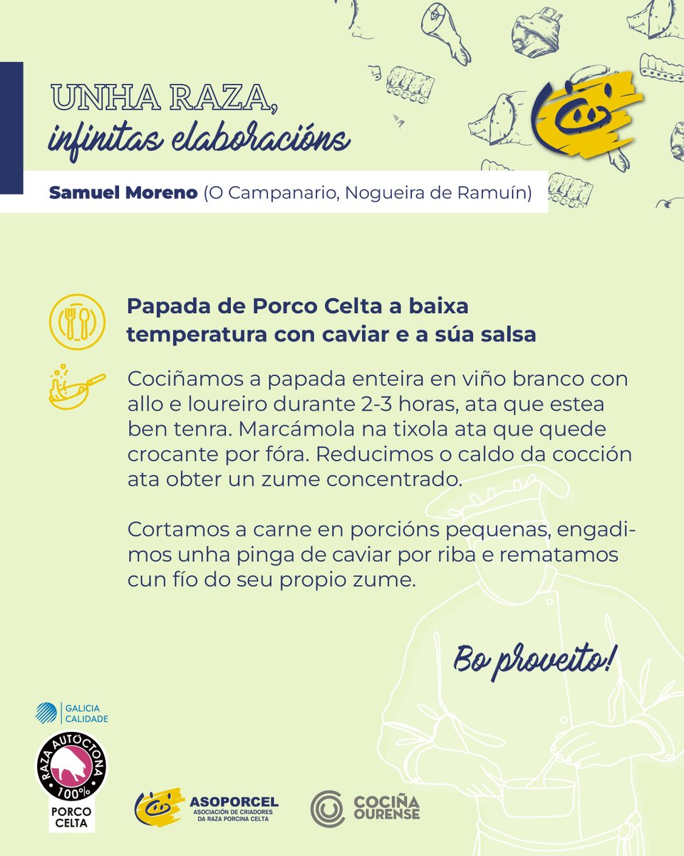 😋🐽 𝗥𝗘𝗖𝗘𝗜𝗧𝗔𝗦 𝗖𝗢𝗡 𝗣𝗢𝗥𝗖𝗢 𝗖𝗘𝗟𝗧𝗔 😋🐽

🥟 Papada de Porco Celta a baixa temperatura con caviar e a súa salsa
👨‍🍳 Samuel Moreno (O Campanario, Nogueira de Ramuín)

✅ Non hai fin: unha raza, infinitas elaboracións!

#PorcoCelta #InfinitasElaboracións