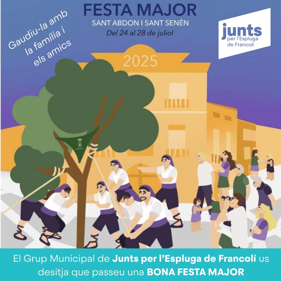El Grup Municipal de Junts per l’Espluga de Francolí us desitja que passeu una BONA FESTA MAJOR!!! Gaudiu-la amb la familia i els amics!!!

#esplugadefrancoli #JuntsxlEspluga #Espluga2027 #JuntsxCat #FemhoJunts