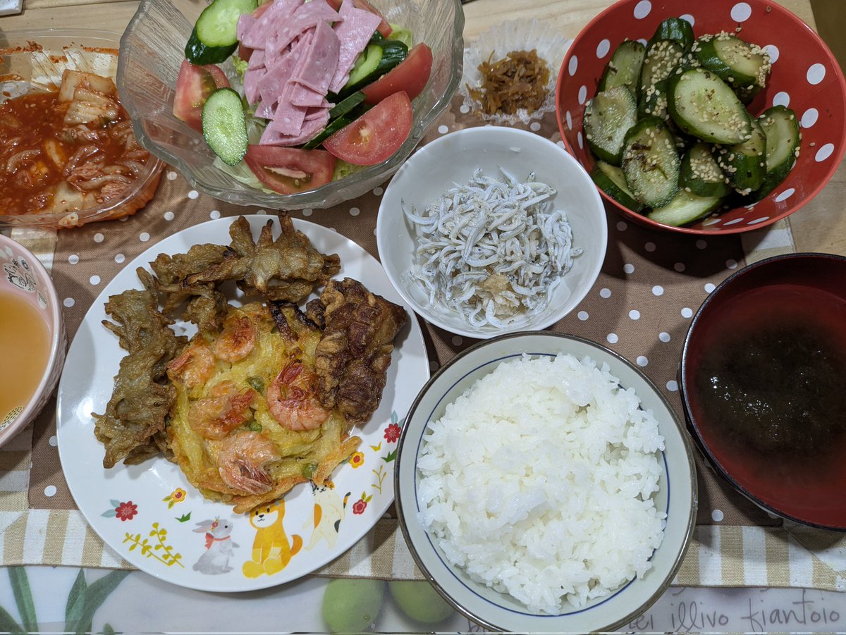 maithiru97's tweet image. 夜ご飯いただきます〜
かき揚げ、唐揚げ、練り物盛り合わせ、しらすおろし、ハムサラダ😋
夏野菜が安くなって嬉しいです✨
お疲れ様でした~乾杯🍻
ヽ(^o^)丿♥