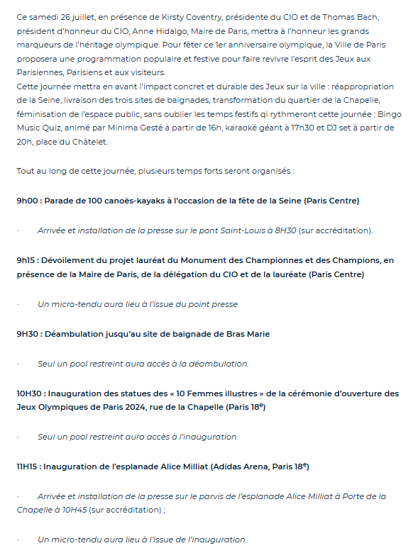 La 3ème activité d'Anne Hidalgo, après son lobbying intense pour un poste à l'ONU et le jeté de peaux de bananes sous les pieds d'Emmanuel Grégoire, c'est de commémorer encore et toujours "ses" JO. Ce samedi, c'est reparti pour un tour.