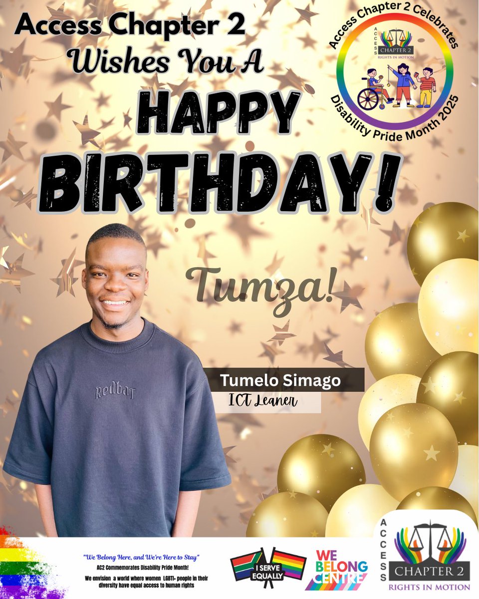 Access Chapter 2 wishes a Happy Birthday to Tumelo Simago, our ICT Learner!
Your work supports our digital strength. Enjoy your day, Tumza! 🎉💻
#HappyBirthdayTumza #AC2Celebrates #WeBelongHere #DisabilityPrideMonth