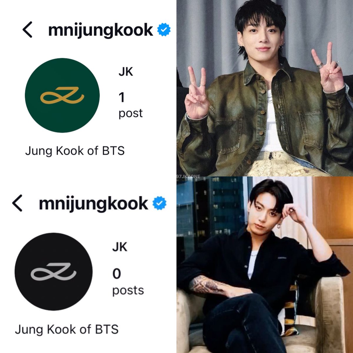 97JKZONE's tweet image. jungkook changed his instagram pfp from the green logo 💚 to a black 🖤 logo