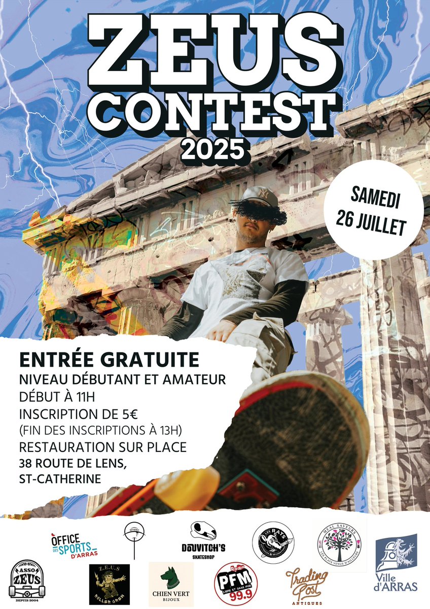 VilleArras's tweet image. 🛹 Ce week-end, direction le Skatepark à Sainte-Catherine pour le Zeus Contest 2025 !
🔥 Skate samedi, roller dimanche : du show, du style et une ambiance survoltée.
🎟️ Gratuit pour les spectateurs, inscriptions sur place pour les riders ! #Skate #Roller #ZeusContest2025 #Arras