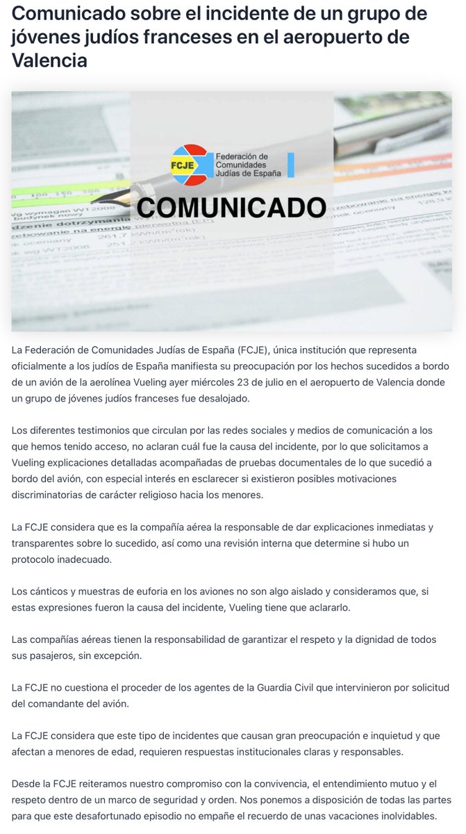 BarcelonaJudia's tweet image. COMUNICAT
La Federació de Comunitats Jueves d’Espanya (@fcjecom ) lamenta el desafortunat incident ocorregut en un avió de @vueling amb un grup d’adolescents jueus francesos