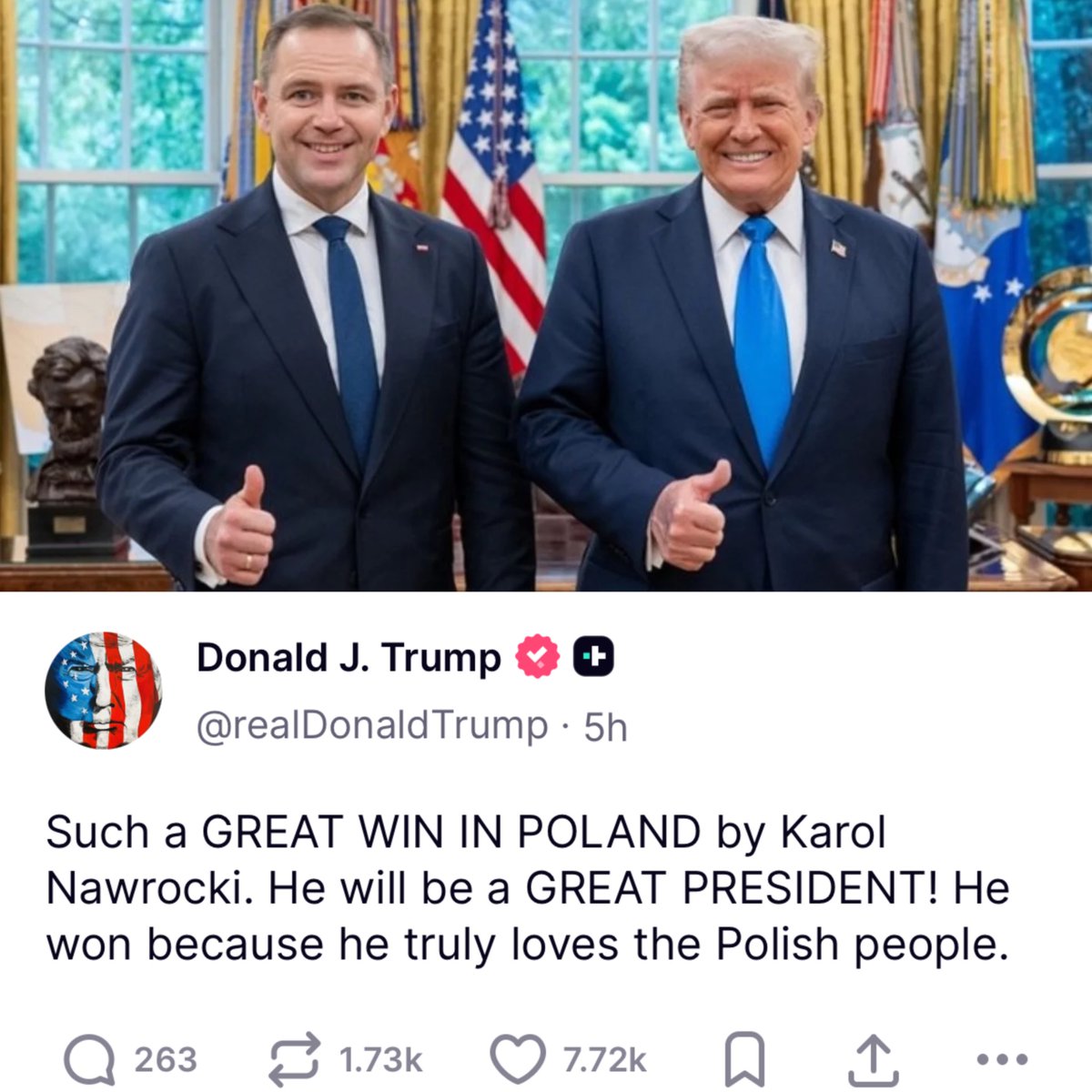 Fastinfoo's tweet image. Donald Trump o Nawrockim:
"Wielkie zwycięstwo w Polsce Karola Nawrockiego. Będzie świetnym prezydentem. Wygrał, bo naprawdę kocha Polaków"