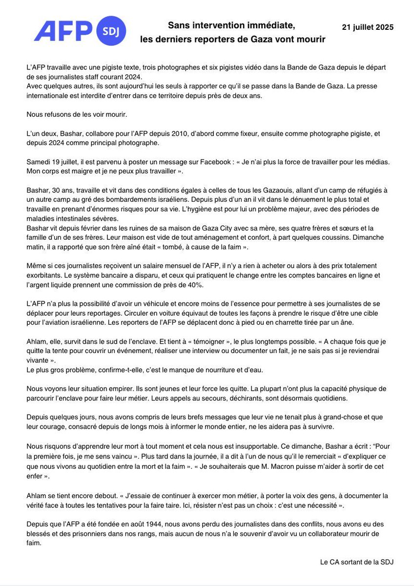 Soutien total à nos confrères de l'<a href="/afpfr/">Agence France-Presse</a> et aux reporters de #Gaza.
Comme tous les civils de la zone, ils subissent le blocus de l'armée israélienne.
Ils risquent de mourir de faim et de soif.
La France, qui s'enorgueillie de ses valeurs, a le devoir d'intervenir.