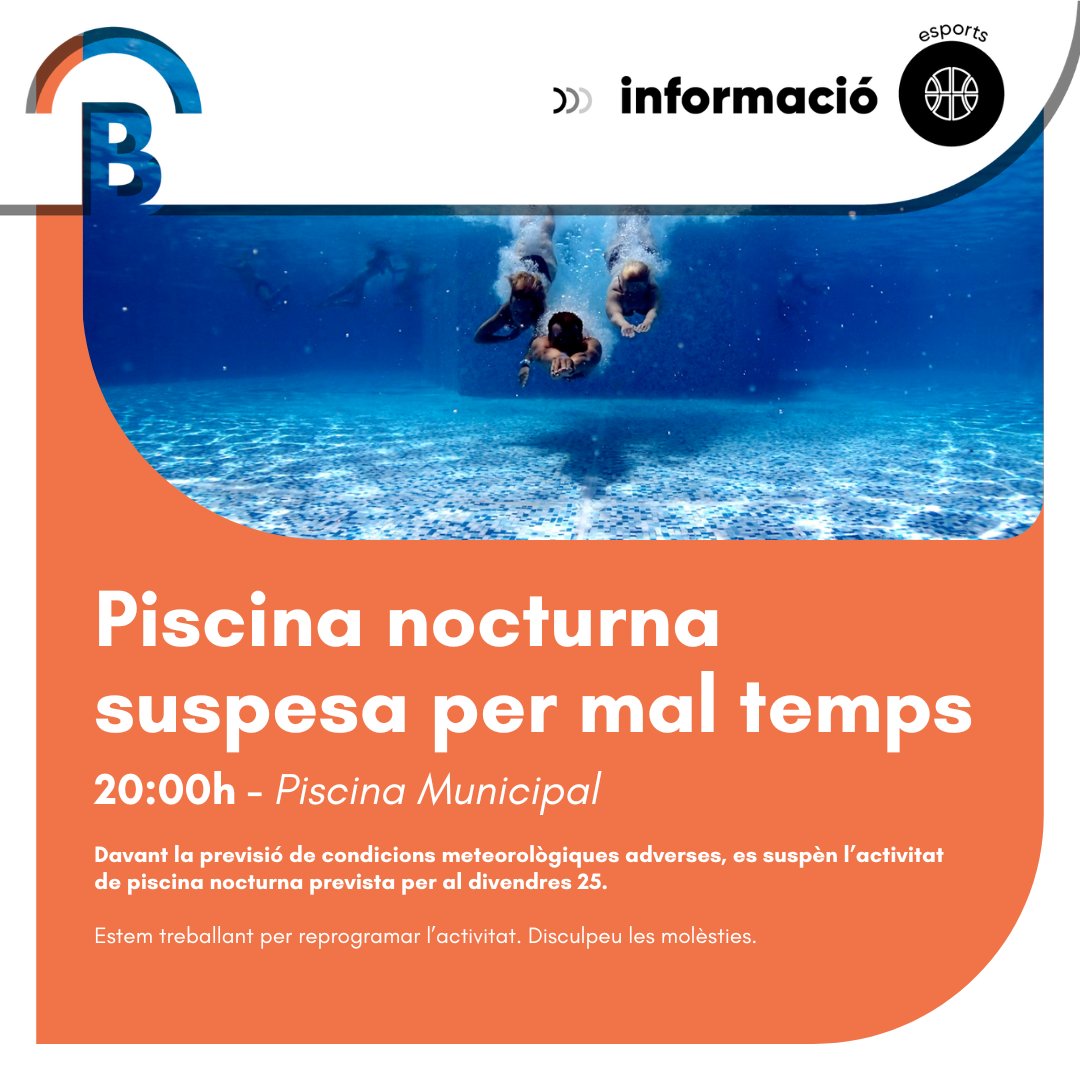 Davant la previsió meteorològica adversa, queda suspesa l'activitat de piscina nocturna.