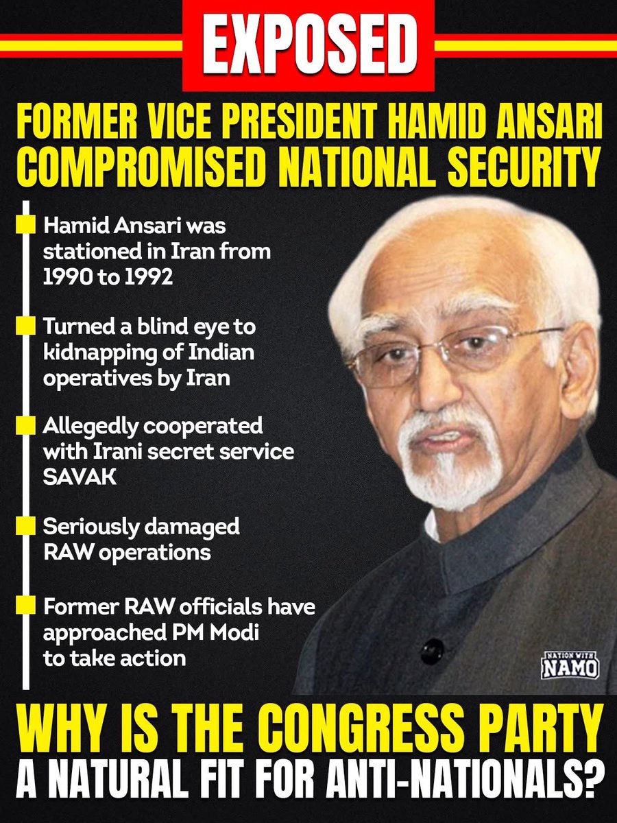 pallavict's tweet image. हमीद अंसारी ने भारत के RAW की स्टील की रीड तोड़ दी 👇👇🤨🤨

एजेंट्स को expose किया और उनको जान को खतरे में डाला 👇👇🤨🤨

इतिहास अंसारी को इस काम के लिए हमेशा याद रखेगा 👇👇

#HamidAnsari #JagdeepDhankarResigns