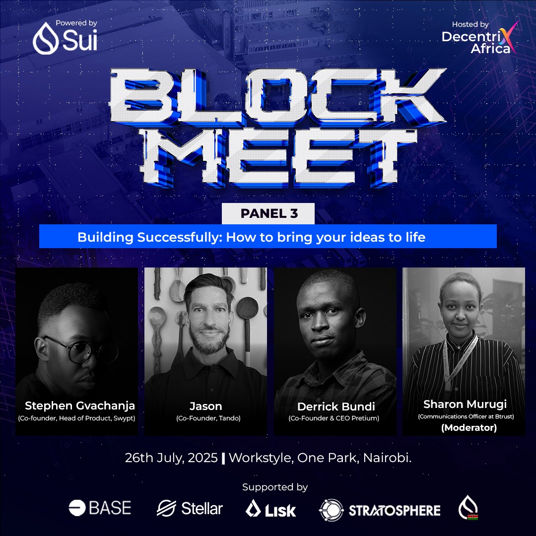 SuiNetworkKE's tweet image. 💡 You’ve got an idea… now what?
At #BlockMeetKe, the third panel is all about execution turning your concept into a tangible product, and navigating the journey successfully.
Moderated by @Murugi___ communications officer at Btrust, the panelists include:
@Sir_gachanja…