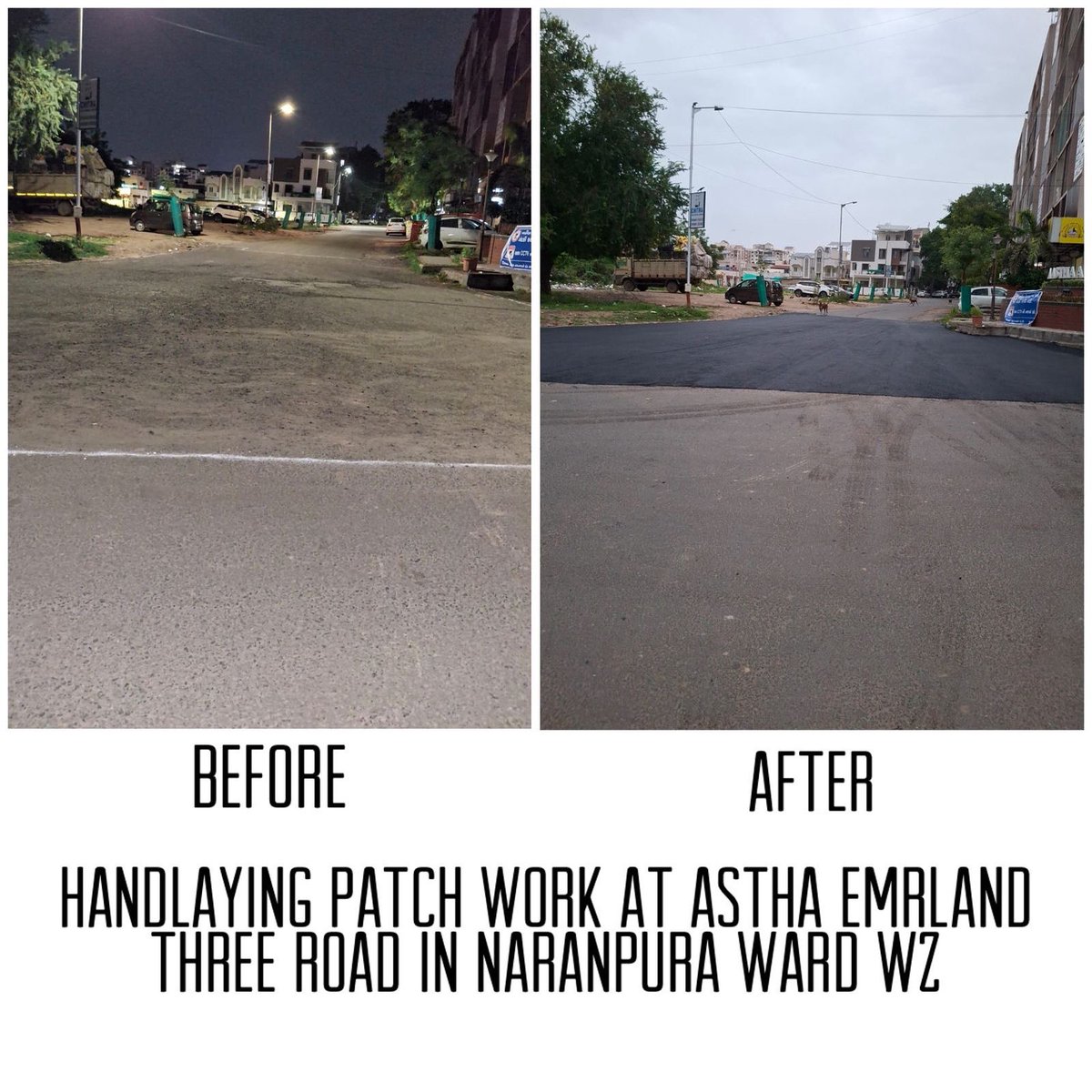 AmdavadAMC's tweet photo. Handlaying patchwork work has been carried out in Naranpura Ward by AMC to improve road surface quality and ensure safer, smoother commutes for all. Continuous efforts for better city infrastructure are in motion.

#RoadMaintenance #SmoothCommute #HandlayingPatchwork #AMCWorks #AhmedabadInfrastructure #CityInProgress