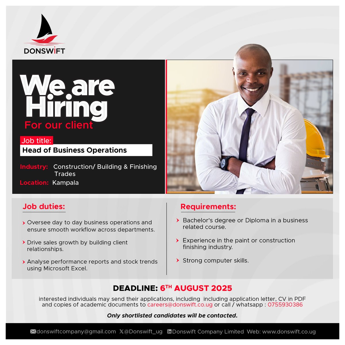 Donswift_ug's tweet image. Are you a strategic thinker with experience in the construction or paint industry?
Apply Now: careers@donswift.co.ug
Deadline: 6th August 2025
For more info: donswift.co.ug/jobs/we-are-hi…
#HiringNow
