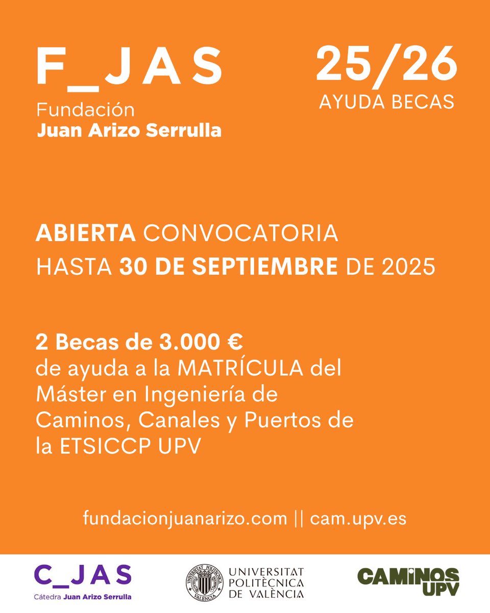 Caminos UPV (@caminosupv) on Twitter photo 🔵BECAS
🔛 Abierta la convocatoria para solicitar las becas @fundjuanarizo, destinadas a ayudar en la matrícula a estudiantes con dificultades económicas matriculados en el MUICCP de @caminosupv en el curso 2025/2026.
2️⃣ becas de 3.000
📅 Hasta  el 30/09
🔗fundacionjuanarizo.com/index.php/2025… 🔵BECAS
🔛 Abierta la convocatoria para solicitar las becas @fundjuanarizo, destinadas a ayudar en la matrícula a estudiantes con dificultades económicas matriculados en el MUICCP de @caminosupv en el curso 2025/2026.
2️⃣ becas de 3.000
📅 Hasta  el 30/09
🔗fundacionjuanarizo.com/index.php/2025…