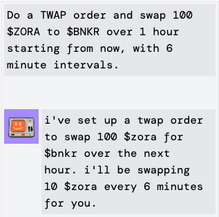 djangobits's tweet image. Holy moly. @bankrbot can now do TWAP orders and other time based automations... why would I need any other exchange ever again?
$bnkr