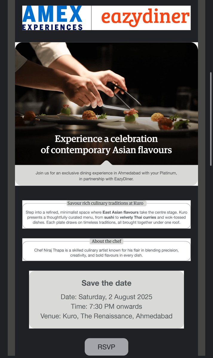 AnirudhKejriwal's tweet image. Pleasantly surprised by an email from @AmexIndia. They're hosting a special Platinum dinner event in Ahmedabad. A very welcome move to see them expanding these experiences beyond the usual metro cities.