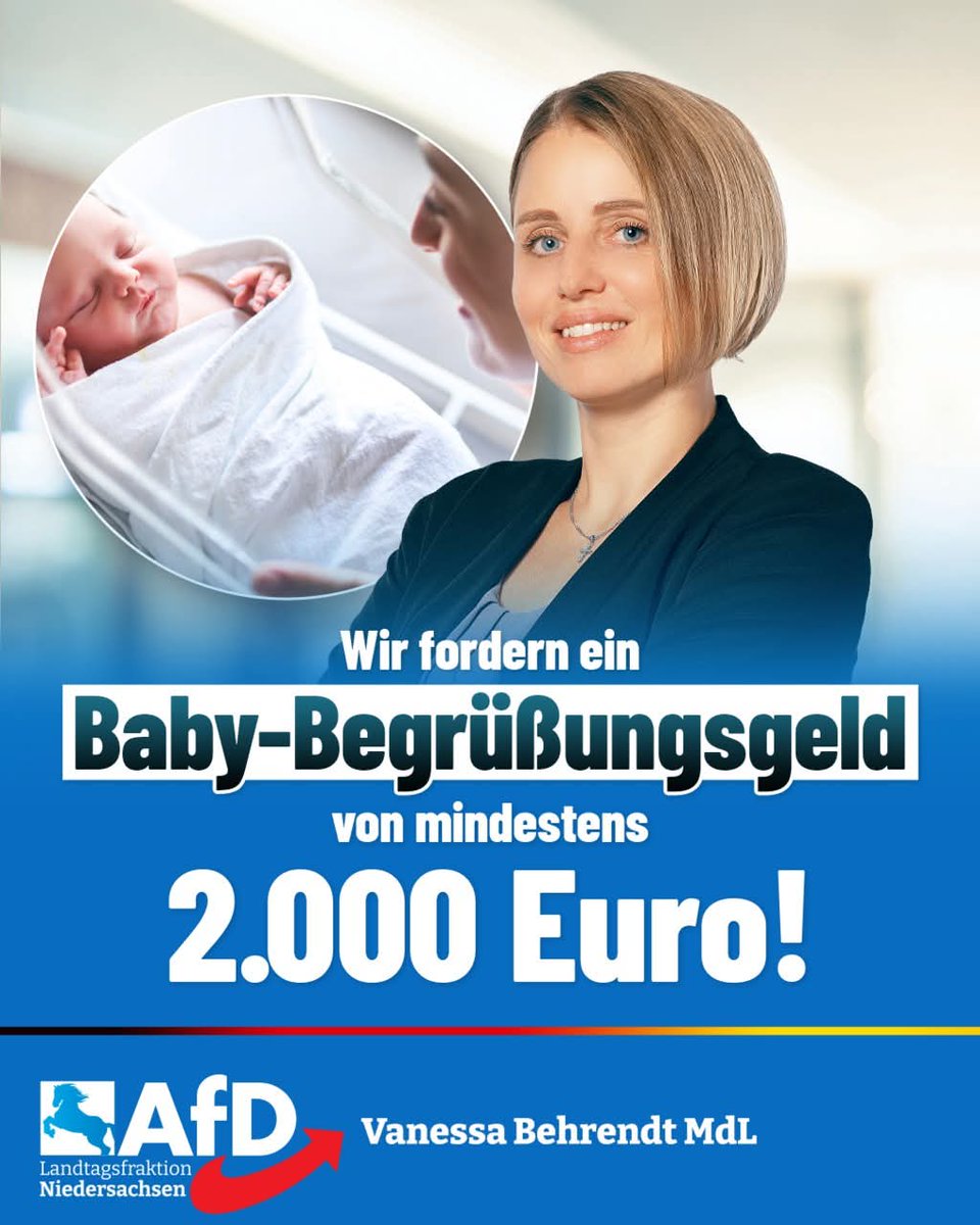 AfDFraktionNDS's tweet image. ++ #Geburtenrate so niedrig wie nie: Wir fordern für Niedersachsen ein Baby-Begrüßungsgeld! ++
Auf 1,35 Kinder je Frau ist die Geburtenrate in Deutschland gesunken. Diesen Wert für das vergangene Jahr gab jetzt das Statistische Bundesamt bekannt. Für eine stabile Bevölkerung…