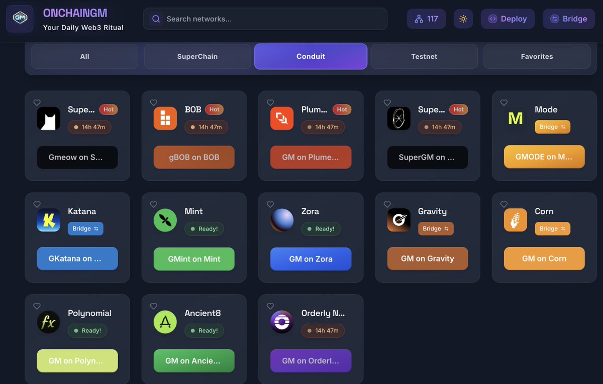 .Let's see what we can do for <a href="/conduitxyz/">Conduit</a> ... Let's not forget <a href="/0xMisto/">Misto, MD</a> 's early alpha in this regard...

🔺Conduit Hub supports rollup chains from leading projects like Zora, Gitcoin, Aevo, Gravity, Ancient8, Bob, and Katana, allowing developers of these projects to easily