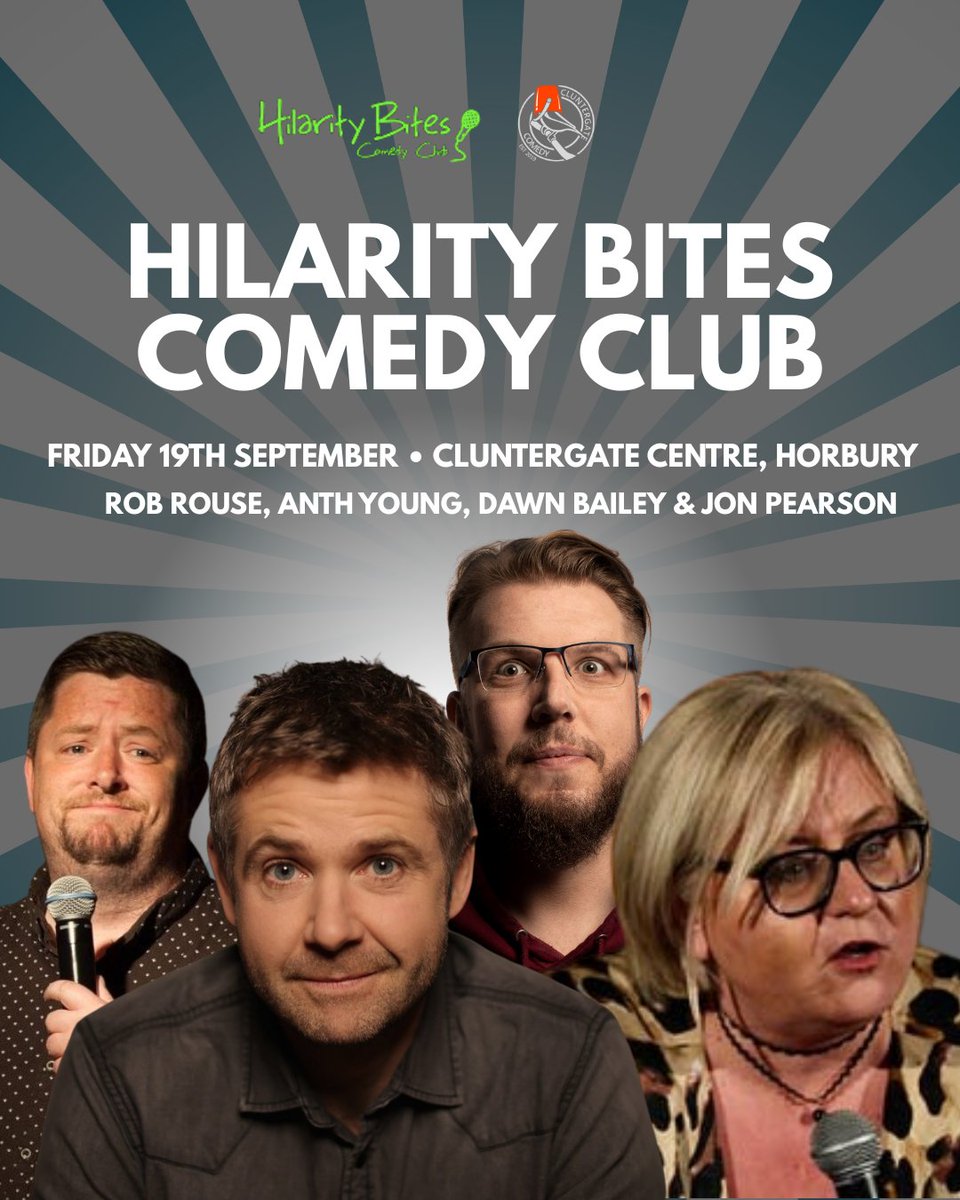 😆 Expect laughter galore when Hilarity Bites returns to The Cluntergate Centre in Horbury this September

🎤 Rob Rouse
🎤 Anth Young
🎤 Dawn Bailey
🎤 Jon Pearson

📅 Friday 19th September
📍 The Cluntergate Centre, Horbury

ℹ️ hilaritybites.co.uk/show/horbury-s…