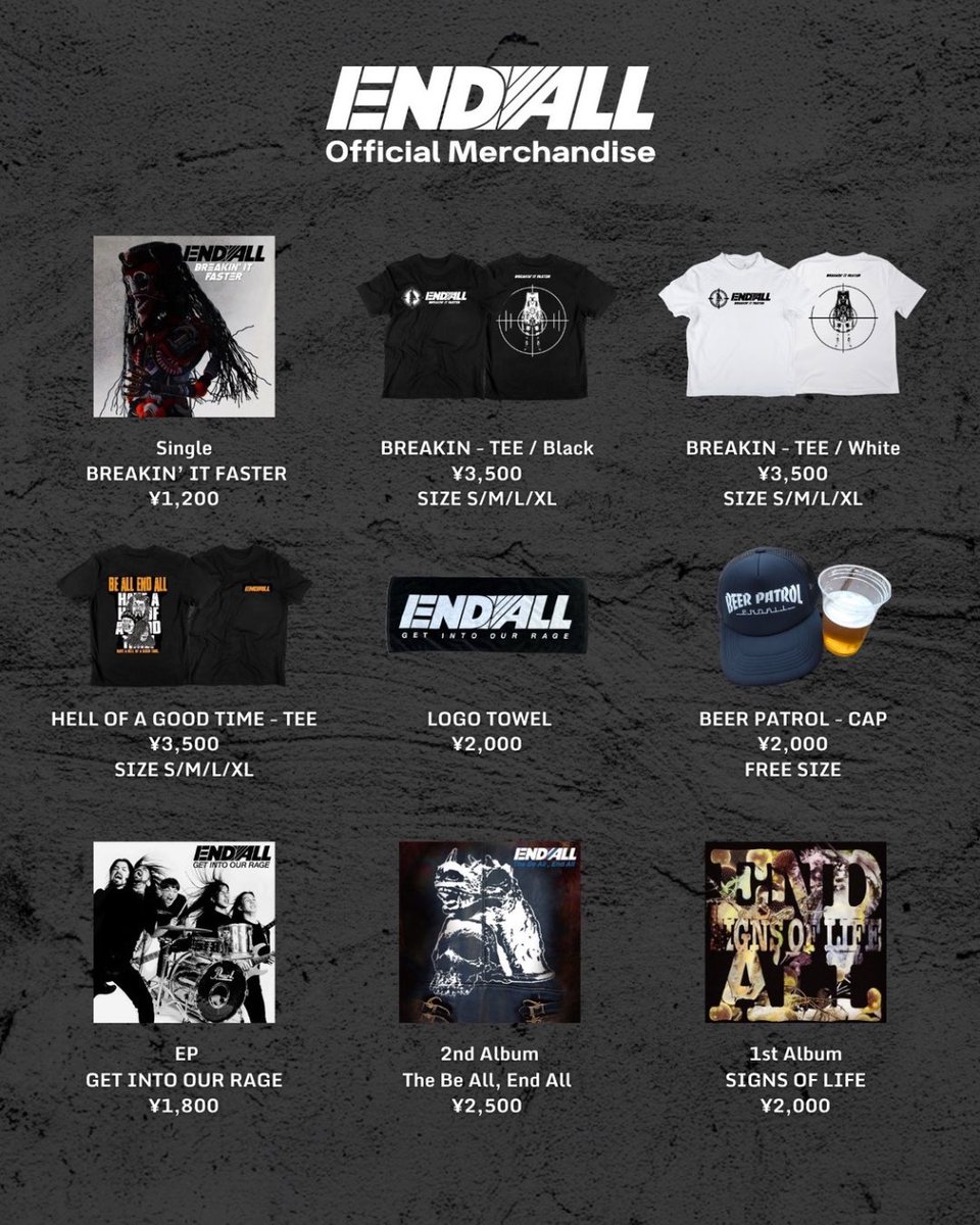 ❤️‍🔥🙇新マーチ大好評大感謝🙇❤️‍🔥

✅END ALL公式通販こちら！
→👕💿 endall.base.shop

💥ライブ💿"LIVE IT FASTER" ¥3500
💥酩酊激音TEE  ¥3500
　　S,M,L,XL（Black &amp; White）
💥Beer Patrolボトルオープナー ¥1200
💥END ALLキーホルダー ¥1200

既存マーチも💁‍♂️
CD各種、BREAKIN'シャツ…etc