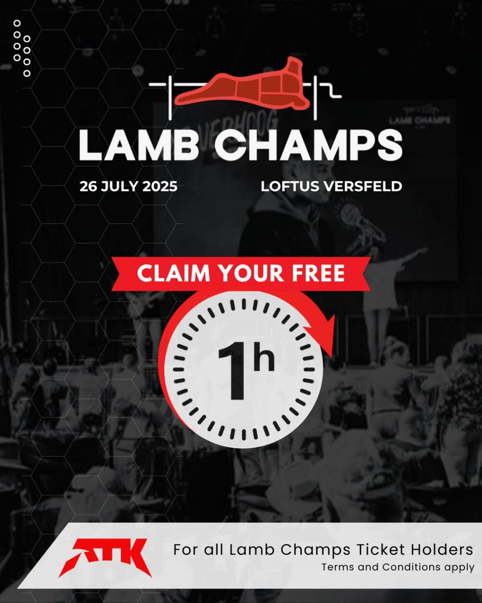 ATK (@atkarena) on Twitter photo We're teaming up with Lamb Champs Pretoria 🎟
Get 1 FREE hour of gameplay on our PCs, consoles or rigs!
✅Show your Lamb Champs ticket at the counter.
📍ATK Arena, Loftus Versfeld
📅Saturday, 26th July 2025
#LambChampsPretoria #ATKArena #ATK We're teaming up with Lamb Champs Pretoria 🎟
Get 1 FREE hour of gameplay on our PCs, consoles or rigs!
✅Show your Lamb Champs ticket at the counter.
📍ATK Arena, Loftus Versfeld
📅Saturday, 26th July 2025
#LambChampsPretoria #ATKArena #ATK