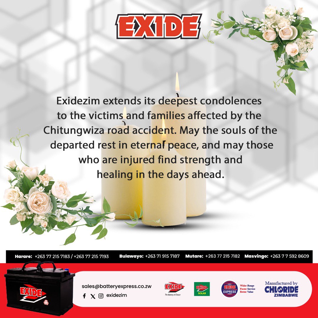 Exidezim extends its deepest condolences to the victims and families affected by the Chitungwiza road accident. May the souls of the departed rest in eternal peace, and may those who are injured find strength and healing.
<a href="/KUDZIELISTER2/">KUDZIELISTER</a> <a href="/Mavhure/">Rufaz--Jerera❤King❤</a> <a href="/takemorem1/">Takemore Mazuruse</a> <a href="/EsteemComms/">Esteem Communications</a>