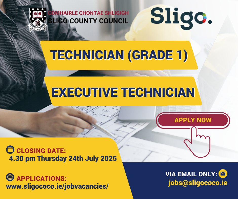 sligococo's tweet image. Application for the following position is available at 🌐 sligococo.ie/jobvacancies
➡️𝐓𝐞𝐜𝐡𝐧𝐢𝐜𝐢𝐚𝐧 (𝐆𝐫𝐚𝐝𝐞 𝟏)
➡️𝐄𝐱𝐞𝐜𝐮𝐭𝐢𝐯𝐞 𝐓𝐞𝐜𝐡𝐧𝐢𝐜𝐢𝐚𝐧
📅 Closing Date: via email to jobs@sligococo.ie is 4.30pm Thursday 24th July.
#JoinOurTeam #Jobs #Recruitment