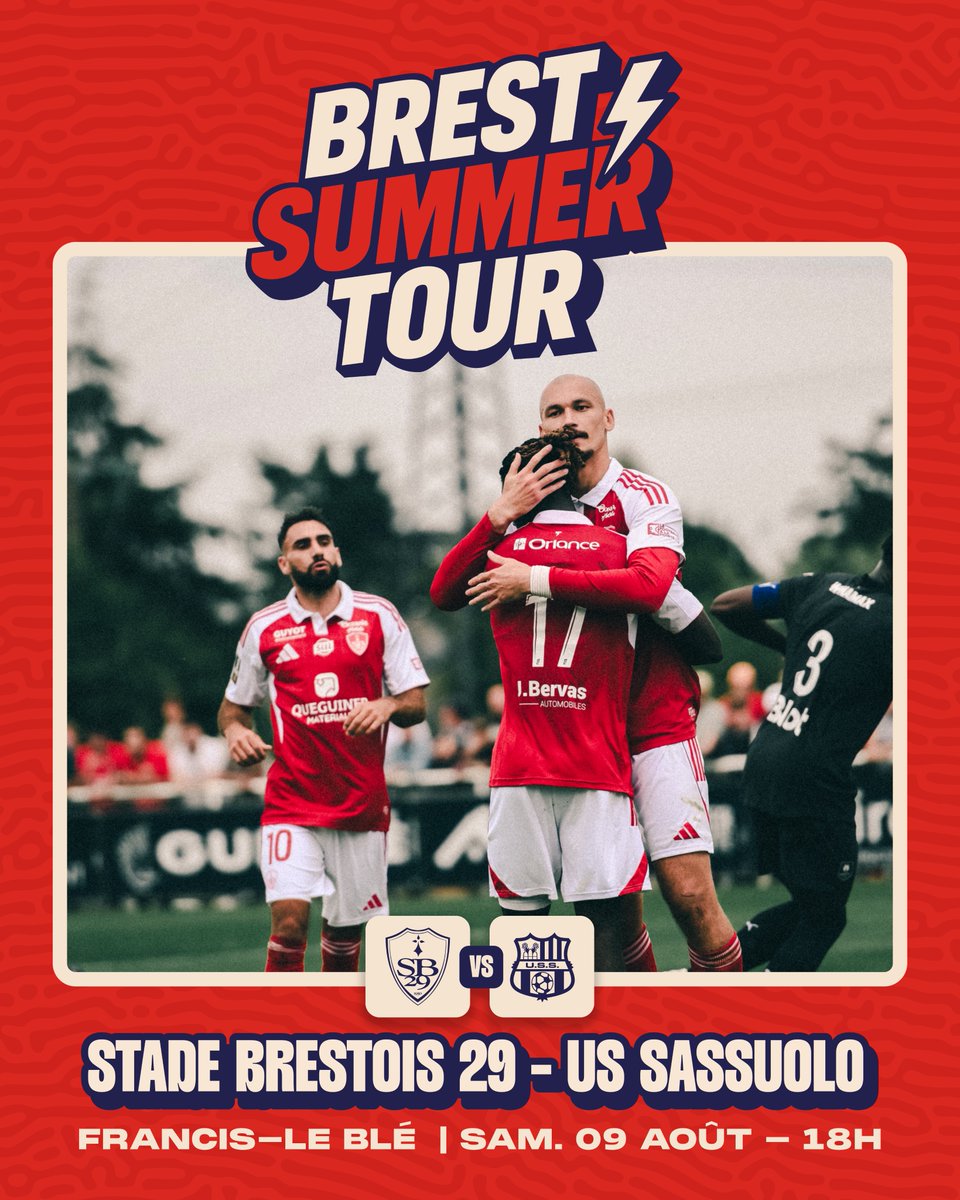 SB29's tweet image. 𝐁𝐫𝐞𝐬𝐭 𝐒𝐮𝐦𝐦𝐞𝐫 𝐓𝐨𝐮𝐫 𝐞́𝐩𝐢𝐬𝐨𝐝𝐞 5️⃣
Le Stade Brestois 29 terminera sa préparation estivale avec la réception de @SassuoloUS 🇮🇹 le samedi 9 août à 18h au stade Francis-Le Blé 🏟️
👉 Les modalités concernant la billetterie seront communiquées prochainement 🎟️