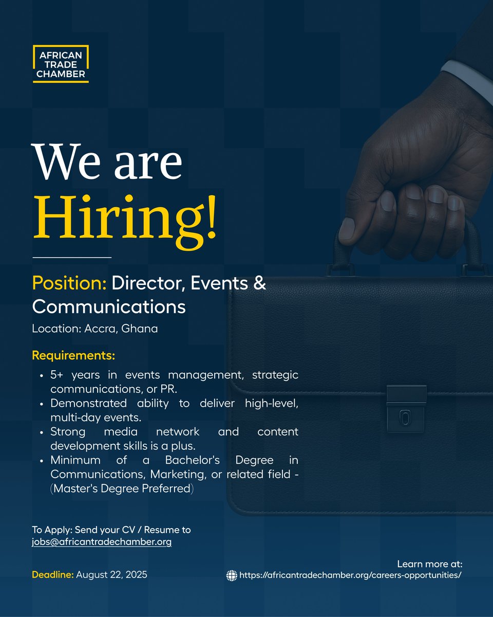 ATC_Chamber's tweet image. Career Opportunity: Director – Events & Communications
Lead high-level events and shape ATC’s visibility across the continent through strategic communication and storytelling.
📧Apply now via jobs@africantradechamber.org Or visit: africantradechamber.org/careers-opport…
📄Refer to the flyer…