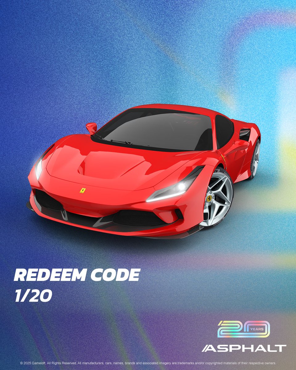 asphalt's tweet image. 🥳Time to kick off the celebrations!🥳
Here's your first of 20 redeem codes we'll be releasing each day!
Claim it now: kvx3tf7c