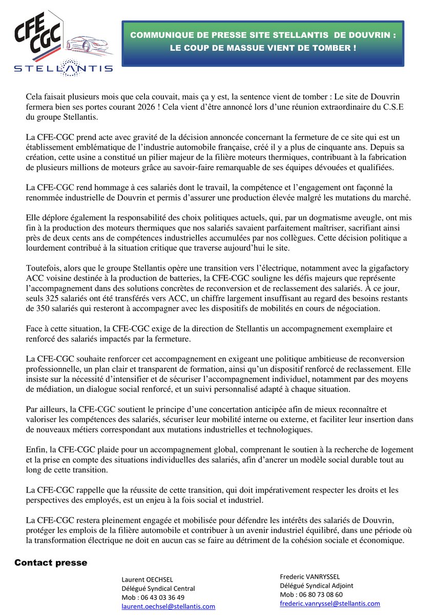 #CFE #CGC #Stellantis 
👉Annonce de la fermeture progressive de l'établissement de DOUVRIN
