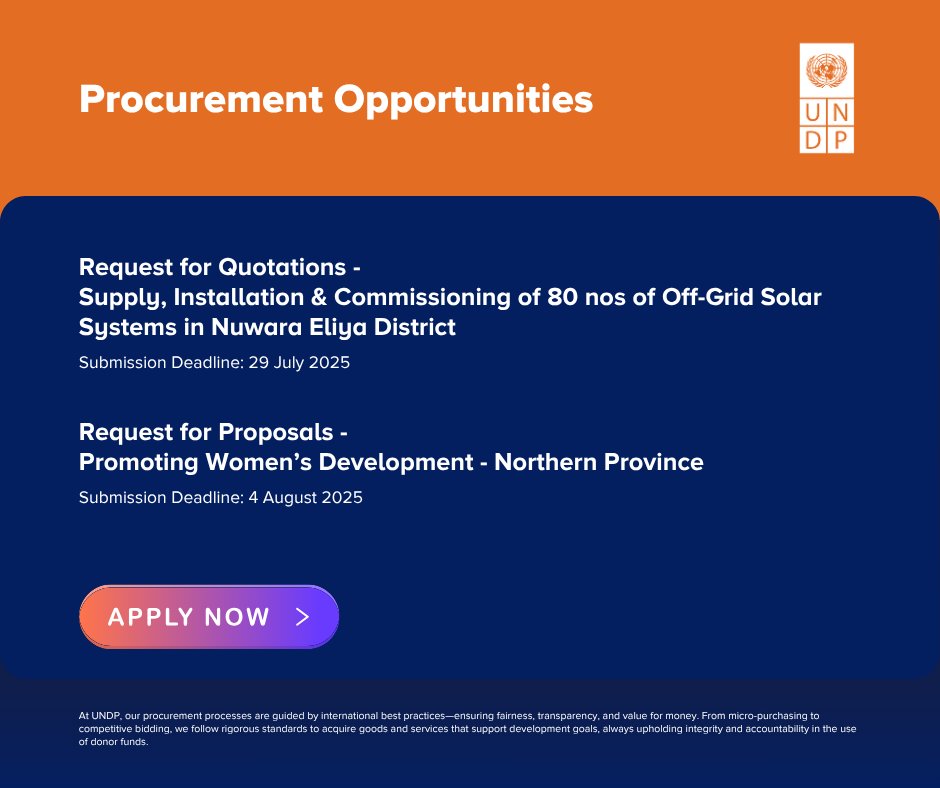 UNDPSriLanka's tweet image. Procurement and Consultancy Opportunities @UNDP #srilanka👇
undp.org/srilanka/procu…