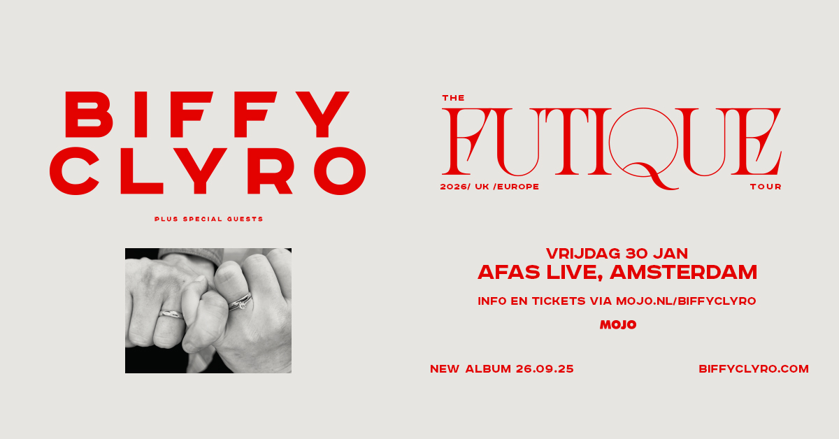 🗣️ Mon the Biff! <a href="/BiffyClyro/">Biffy Clyro</a> keert begin volgend jaar terug naar Nederland. Eind januari speelt de Schotse rockband in <a href="/AFASLive/">AFAS Live</a> met The Futique Tour, vernoemd naar hun aankomende album.

📆 30 januari 2026
📍 AFAS Live, Amsterdam
🎫 De ticketverkoop start donderdag 31 juli om