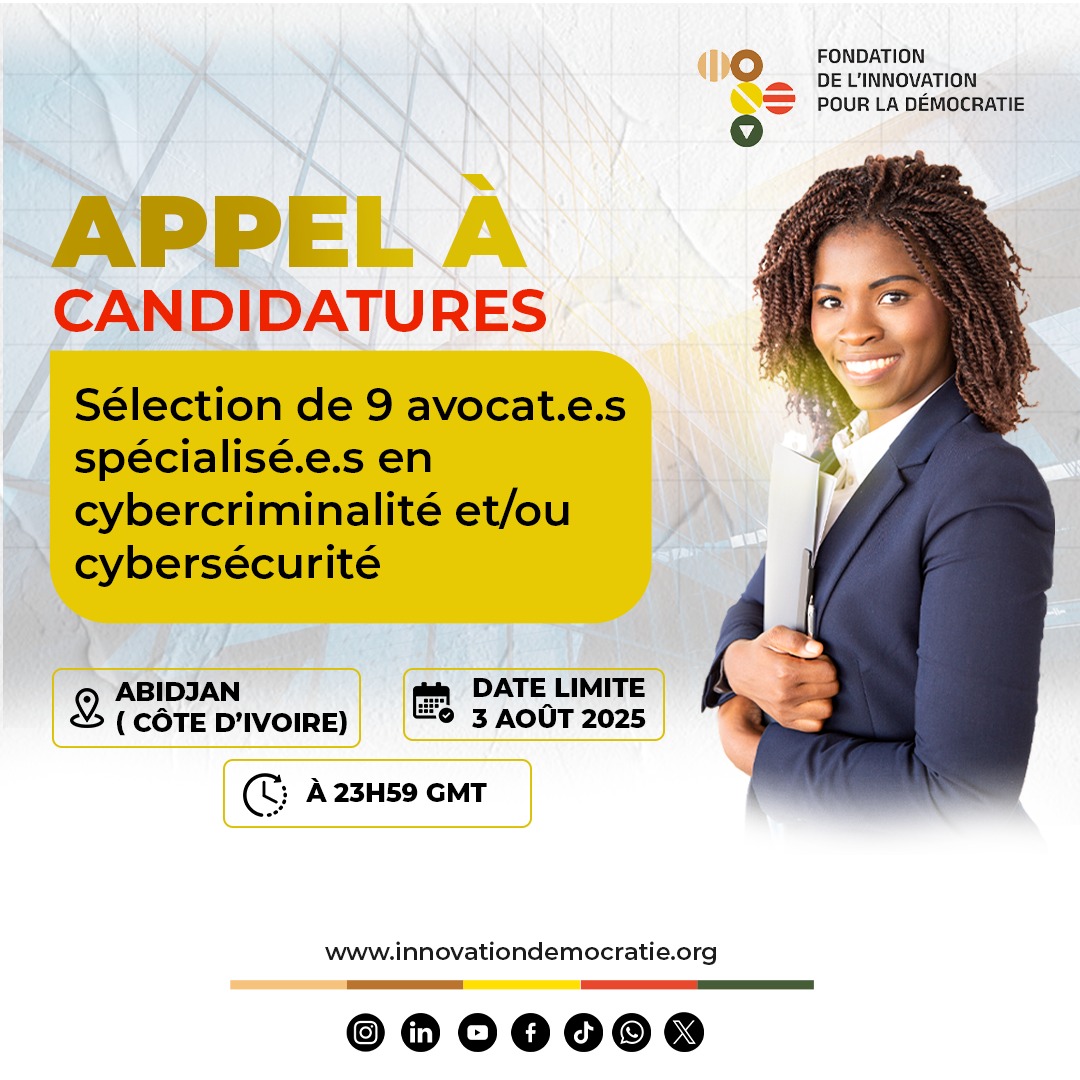 Appel à candidatures: Recherche 9 avocats spécialisés en Cybercriminalité &amp; Cybersécurité
Originaires de🇧🇯🇧🇫🇨🇲🇨🇮🇬🇳🇲🇱🇳🇪🇸🇳🇹🇬
Connaissance des lois nationales; Expérience dans la défense de journalistes/blogueurs; Dispo pour atelier en présentiel à Abidjan👉🏽 lc.cx/iE-nY0