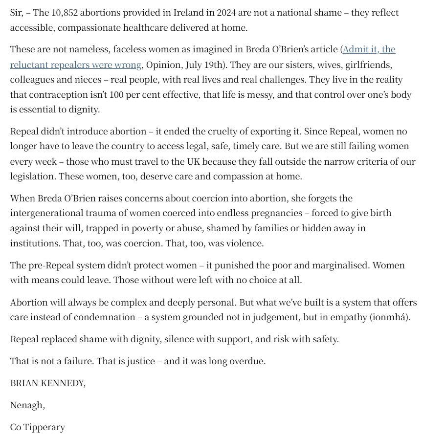 KarSugrue's tweet image. Superb letter from the always brilliant @drbriankennedy about the 10,852 abortions provided in Ireland in 2024
We voted for our kids, our siblings, our friends, our neighbours, our colleagues, and our students to be able to access care in safety
#abortionishealthcare